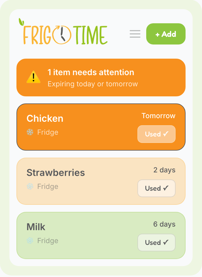 FrigoTime app showing items sorted by expiry, with chicken expiring tomorrow highlighted