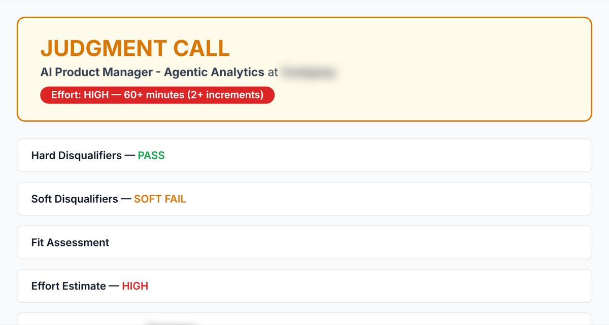 A pipeline assessment report: verdict Judgment Call, effort High, with pass and soft-fail checks